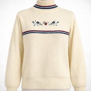 Vtg Cream Floral Embroidered Turtle Neck Sweater M Granny Cottagecore Textured